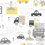 טפט מכוניות ומשאיות, צבעוני לחדר ילדים, שחור, צהוב, אפור על רקע לבן