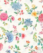 טפט פיפ פנטזיה פרחים כחול ורוד ירוק על רקע טקסטורה לבן