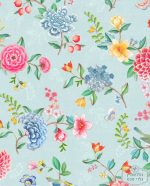 טפט פיפ פנטזיה פרחים כחול ורוד ירוק על רקע טקסטורה תכלת