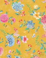 טפט פיפ פנטזיה פרחים כחול ורוד ירוק על רקע טקסטורה צהוב חרדל