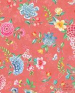 טפט פיפ פנטזיה פרחים כחול ורוד ירוק על רקע טקסטורה צבע אדום טרה קוטה