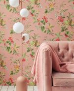 ⁦טפט פיפ פרחי פנטזיה וציפורי שיר צבעוניות על רקע ירוק זית⁩ – תמונה ⁦2⁩