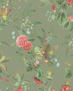 טפט פיפ פרחי פנטזיה וציפורי שיר צבעוניות על רקע ירוק זית