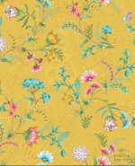 טפט פיפ פרחי פנטזיה פייזלי על רקע דמוי תחרה בצבע צהוב חרדל