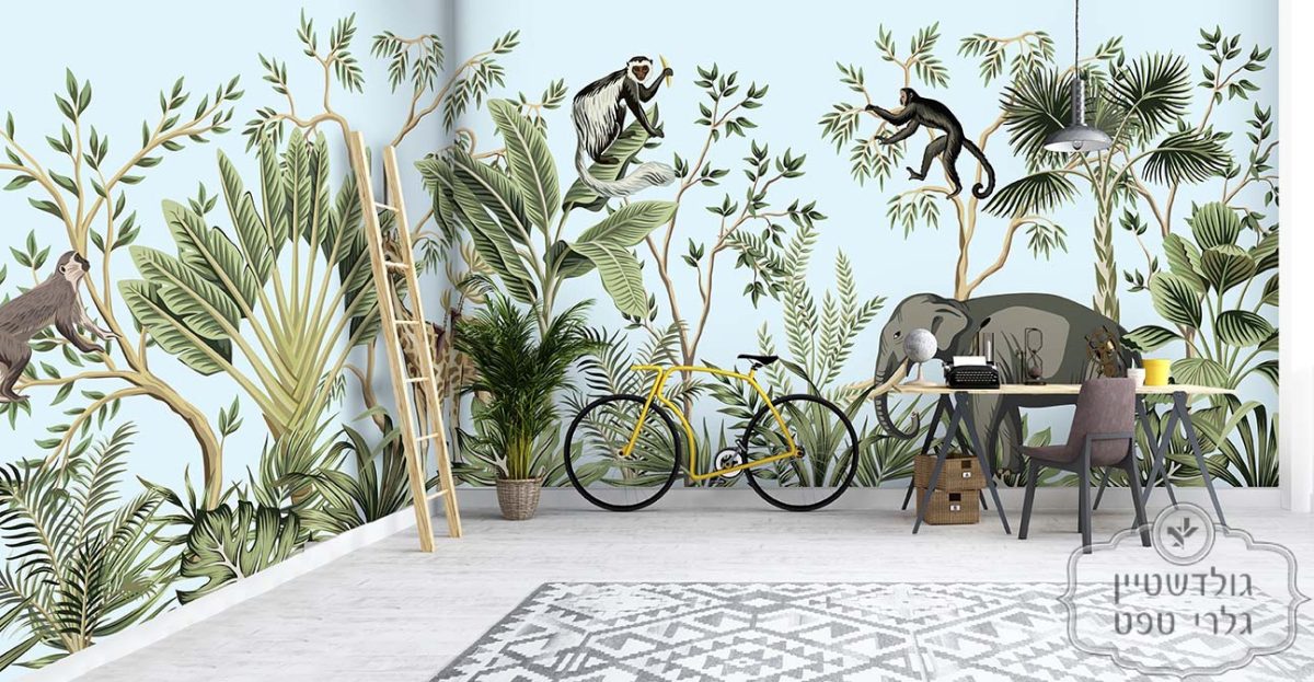 ⁦תמונת טפט ג'ונגל ספארי על רקע עננים תכלת⁩ – תמונה ⁦2⁩