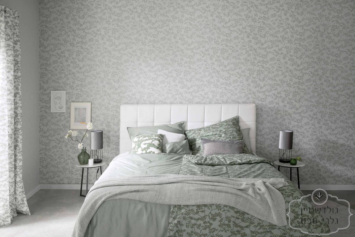 ⁦טפט ויניל צלליות פרחים יפנים בירוק מנטה על רקע אפור גרז'⁩ – תמונה ⁦2⁩