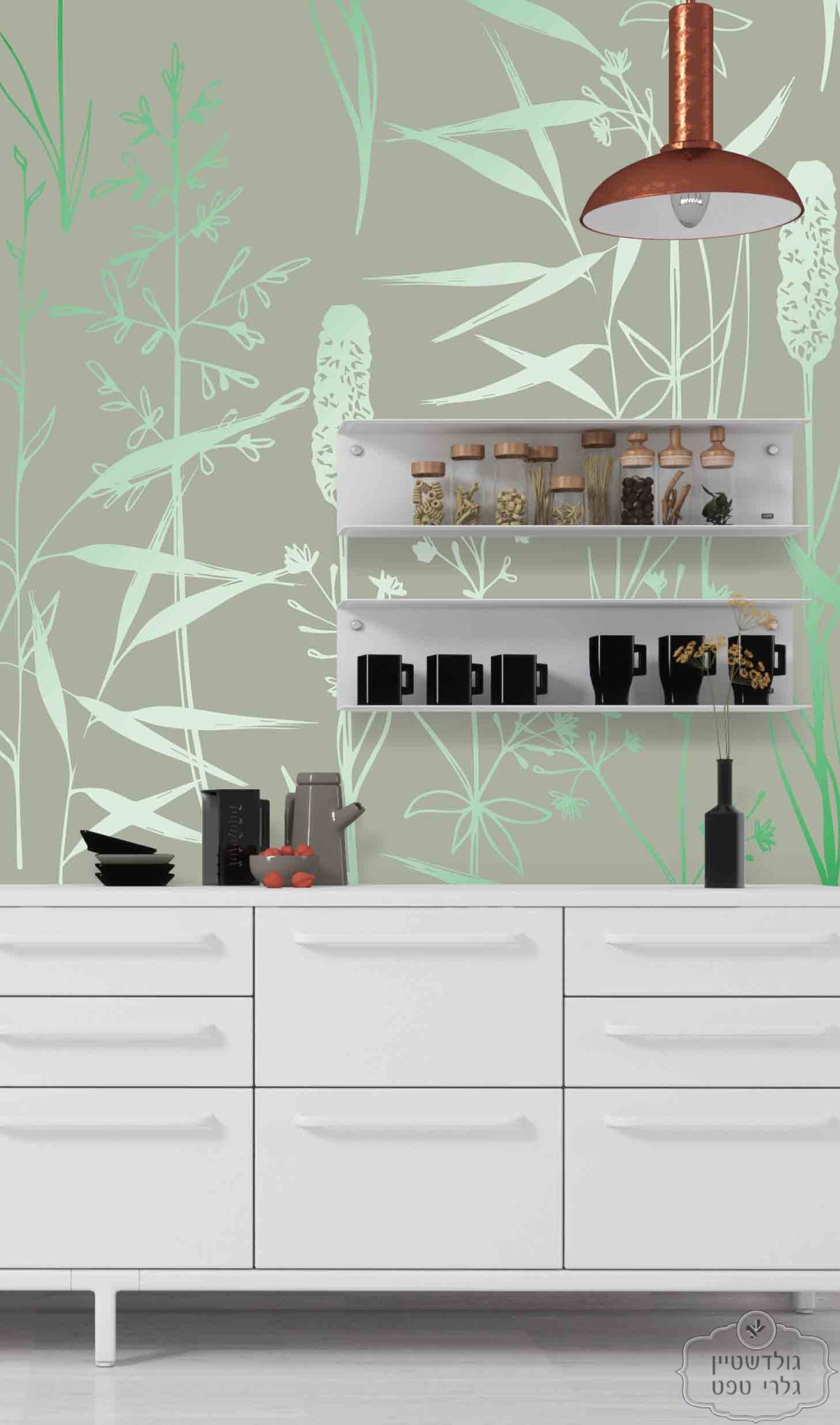 ⁦תמונת טפט קני סוף וצמחים אסיאתים על רקע ירוק מרווה⁩ – תמונה ⁦2⁩