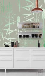 ⁦תמונת טפט קני סוף וצמחים אסיאתים על רקע ירוק מרווה⁩ – תמונה ⁦2⁩