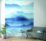 טפט תמונה נוף עיר חוף בין ים ושמיים בגווני כחול תכלת