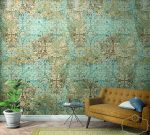 טפט תמונה דמוי מרצפות מצוירות בסגנון וינטג', נגיעות טורקיז וברונזה