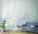 טפט תמונה ציור פסטל פרחים בסגול ורוד לילך על רקע קורות עץ