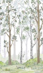 טפט תמונה עצים וציפורי שיר ביער, על רקע לבן