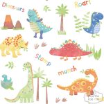 ⁦טפט דינוזאורים צבעוני אדום ירוק כחול על רקע לבן⁩ – תמונה ⁦2⁩