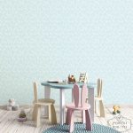 טפט עלים עם נצנצים, לבן על רקע תכלת אקווה