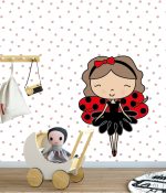 תמונת טפט, גברת חיפושית, על רקע לבן עם לבבות ורודים