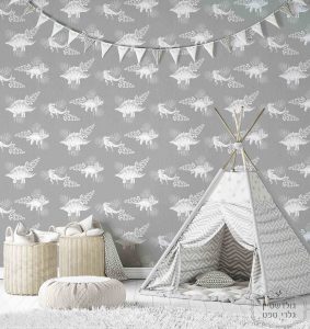 טפט דינוזאורים לבן על רקע אפור