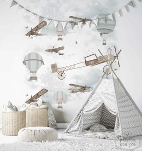 ⁦טפט תמונה כלי טייס, כדור פורח, בלון פורח, על רקע שמיים אפור בהיר⁩ – תמונה ⁦2⁩