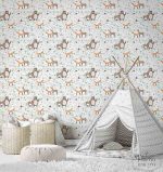 ⁦טפט חיות לחדר ילדים על חום ירוק על רקע לבן⁩ – תמונה ⁦2⁩