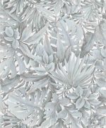 טפט בוטני עלים טרופים תלת מימד בצבע אפור תכלת על רקע לבן