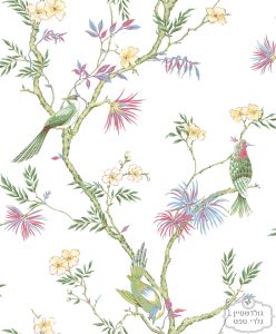 טפט ציפורים על עצים בסגנון יפני, ירוק ורוד צהוב תכלת על רקע לבן