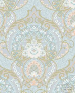 טפט פייזלי פרחים ויקטוריאני בגווני תכלת בהיר, ניוד, ירוק כתום