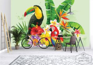 תמונת טפט, ציפורי טוקן בגן עדן על רקע ירוק פיסטוק