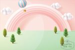 ⁦תמונת טפט, קשת צבעונית | כדור פורח | עננים על רקע ורוד ירוק⁩ – תמונה ⁦2⁩