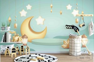 תמונת טפט,  ירח וכוכבים על רקע טורקיז