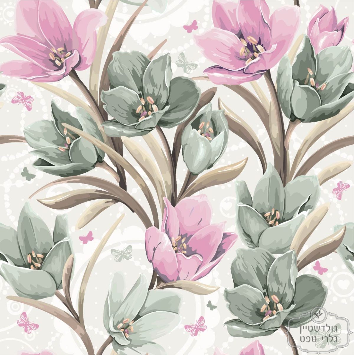 ⁦תמונת טפט, פרחי גן עדן ורוד ירוק על רקע לבן⁩ – תמונה ⁦2⁩