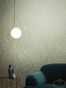 ⁦טפט עלים טרופי שמנת על רקע אפור גרז'⁩ – תמונה ⁦2⁩