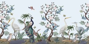 ⁦תמונת טפט, טווס בגן יפני על רקע תכלת⁩ – תמונה ⁦2⁩