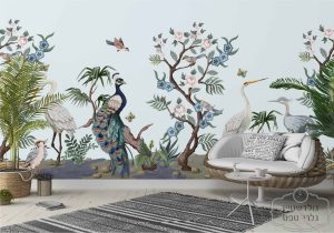 תמונת טפט, טווס בגן יפני על רקע תכלת