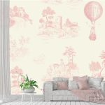 תמונת טפט,  איורים עתיקים ובלון פורח ורוד על שמנת