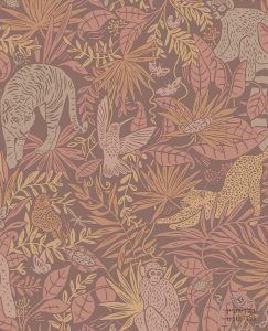 טפט חיות ועלים טרופי על רקע חום אדמה