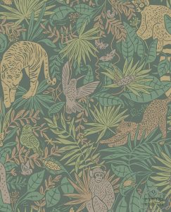 טפט חיות ועלים טרופי על רקע ירוק זית