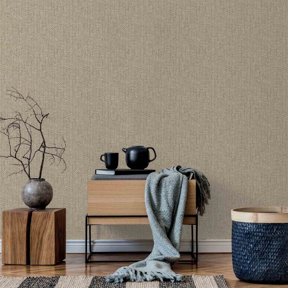 ⁦טפט דמוי טקסטורת בד ריפוד  שחור לבן נגיעות חום⁩ – תמונה ⁦2⁩