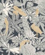 טפט ציפורים ריווירה זהב על רקע עלים טרופי שחור לבן