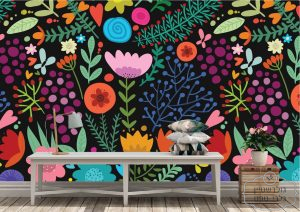 ⁦תמונת טפט, פרחים צבעוני על רקע שחור⁩ – תמונה ⁦2⁩