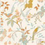 טפט פרחים ציפורים הפי, כתום,תכלת רקע שמנת