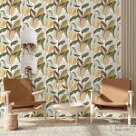 טפט עלים פרחים  גדולים בגווני בז' ירוק מעושן חרדל חום