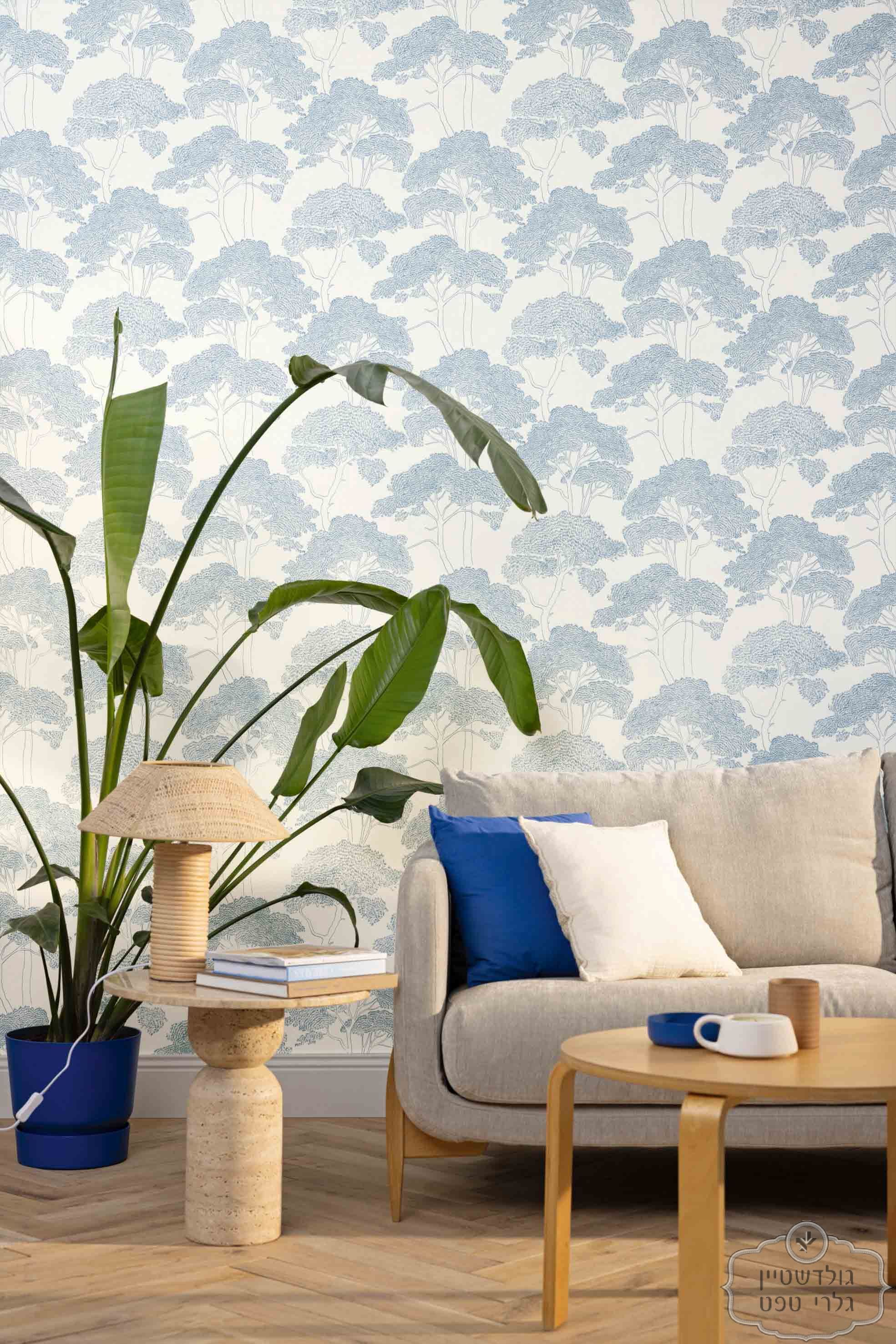 455511430636 טפט צמרות תכלת על רקע לבן – תמונה 1