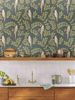 טפט ציפורים על העץ , ירוק על ירוק טורקיז כהה