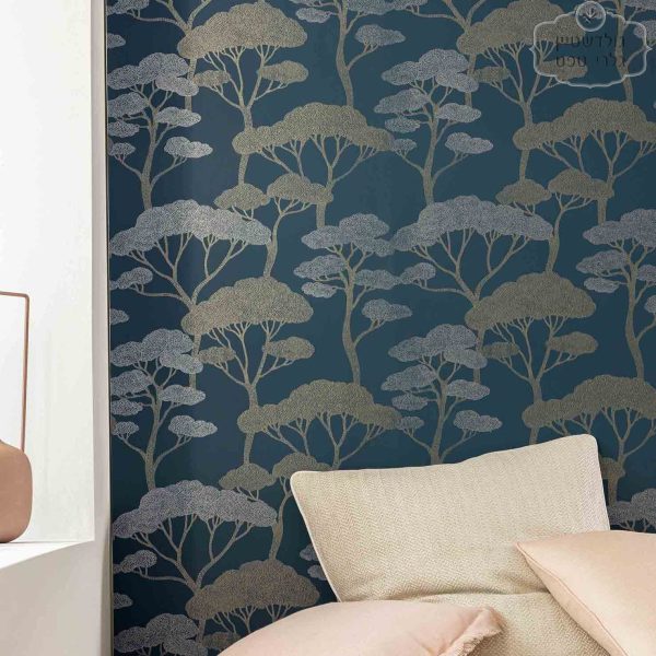טפט איור גרפי צמרות עצים נגיעות מטאליות על כחול פטרול