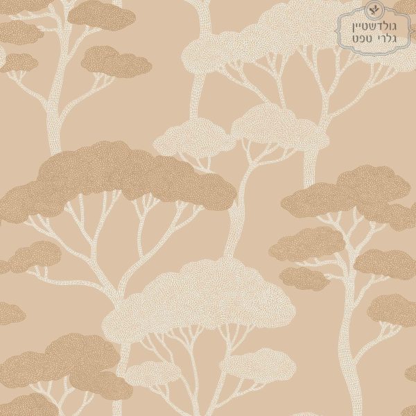 טפט איור גרפי צמרות עצים חום לבן על רקע בז' קרמל