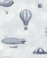 טפט כדורים פורחים וספינות אויר וינטג' תכלת כחול